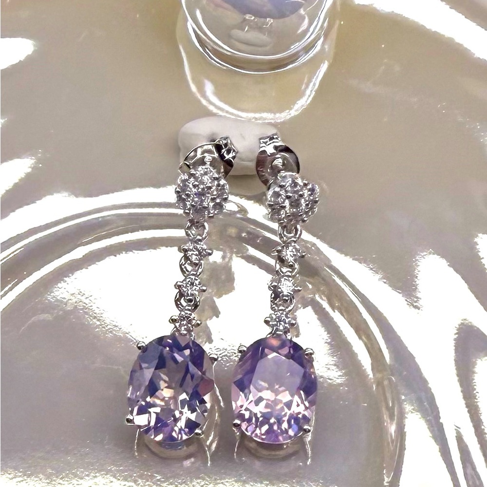 ELA1 6.6CT Natural Lavender Amethyst FLOWER Dangling Earrings Rhodium platedS925